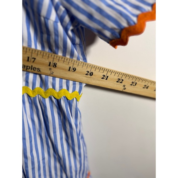 Entro Blue White Stripe Ric Rac Trim Tiered Flutter Sleeve Mini Dress Medium - Picture 10 of 11